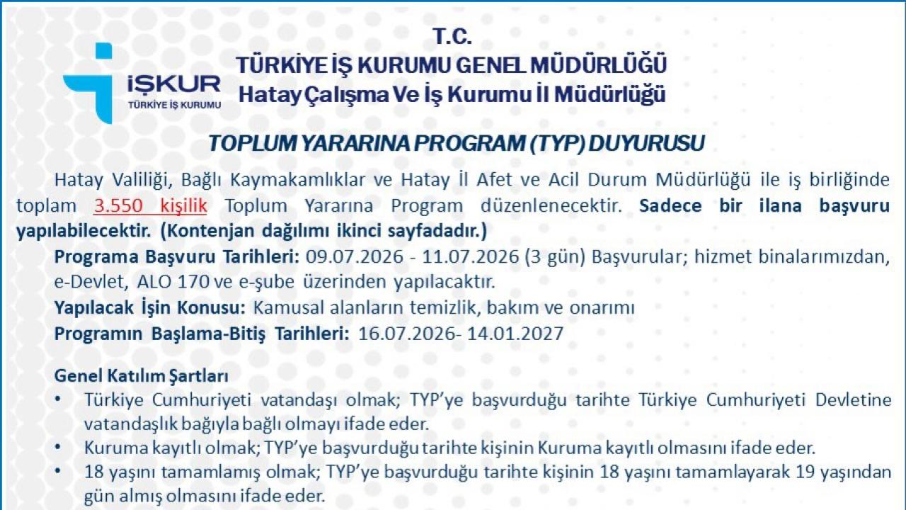Hatay’da 3 Bin 550 Kişiye İş Fırsatı! TYP Başvuruları Başladı
